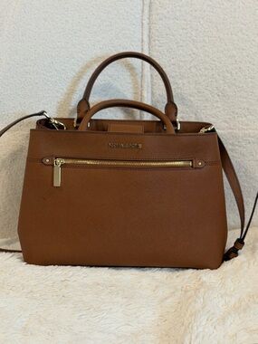 Michael Kors Cognac Saffiano Leather Satchel with Gold Hardware